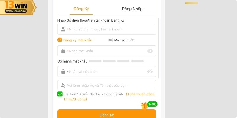 Đăng ký mở tài khoản mới tài khoản 13WIN